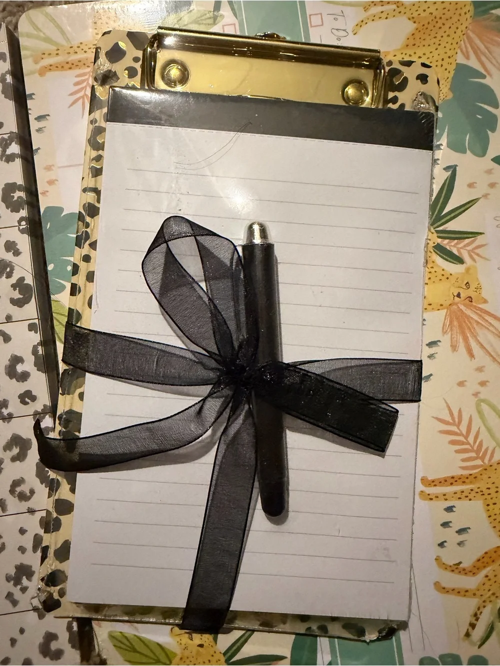Leopard Black Ribbon-Wrapped Notepad with Pen - Women Accessories
